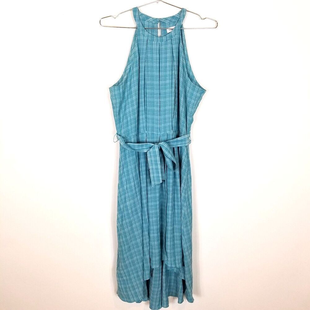 Calvin Klein Women Plaid Gauze Halter Dress Sz 12 Blue Hi Low Summer Party